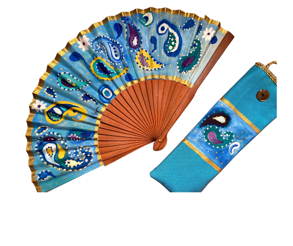 Abanico español Cachemir Azul pintado a mano