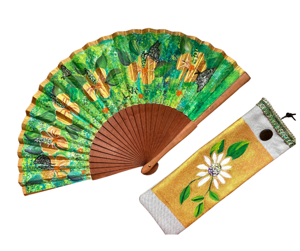 Abanico Español Flores Doradas y naturaleza Pintado a mano