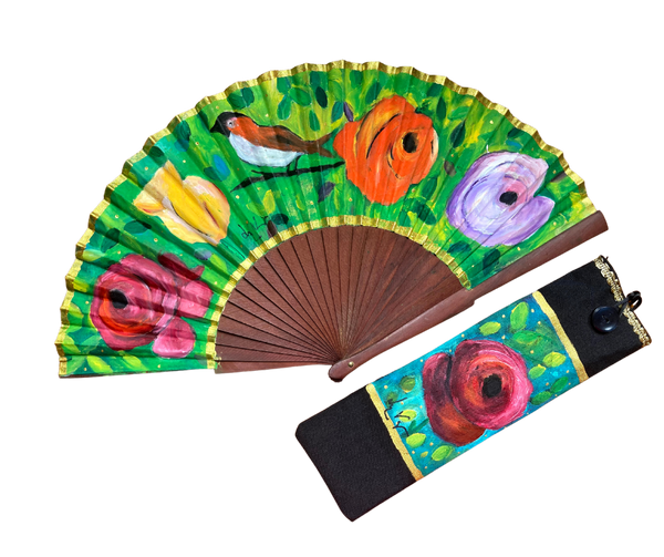 Abanico Español Pájaro y rosas de colores pintado a mano
