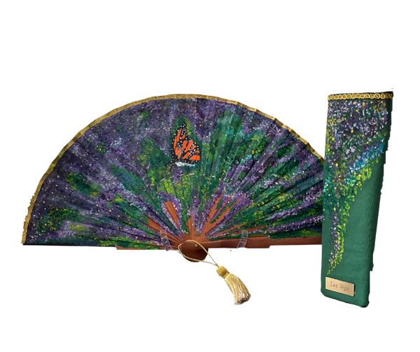 Abanico Español mariposa y estarcidos lilas Pintado a mano