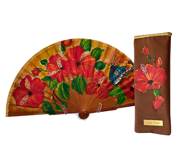 Abanico Español Hibiscus Rojos Pintado a mano